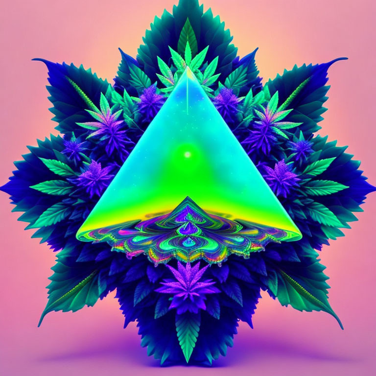 Colorful digital art: Neon green and blue triangle with cannabis leaves on pink background