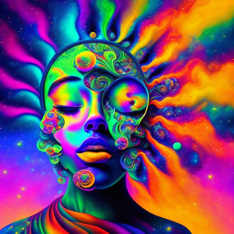 Colorful digital artwork of woman's face with psychedelic patterns and neon cosmic colors.