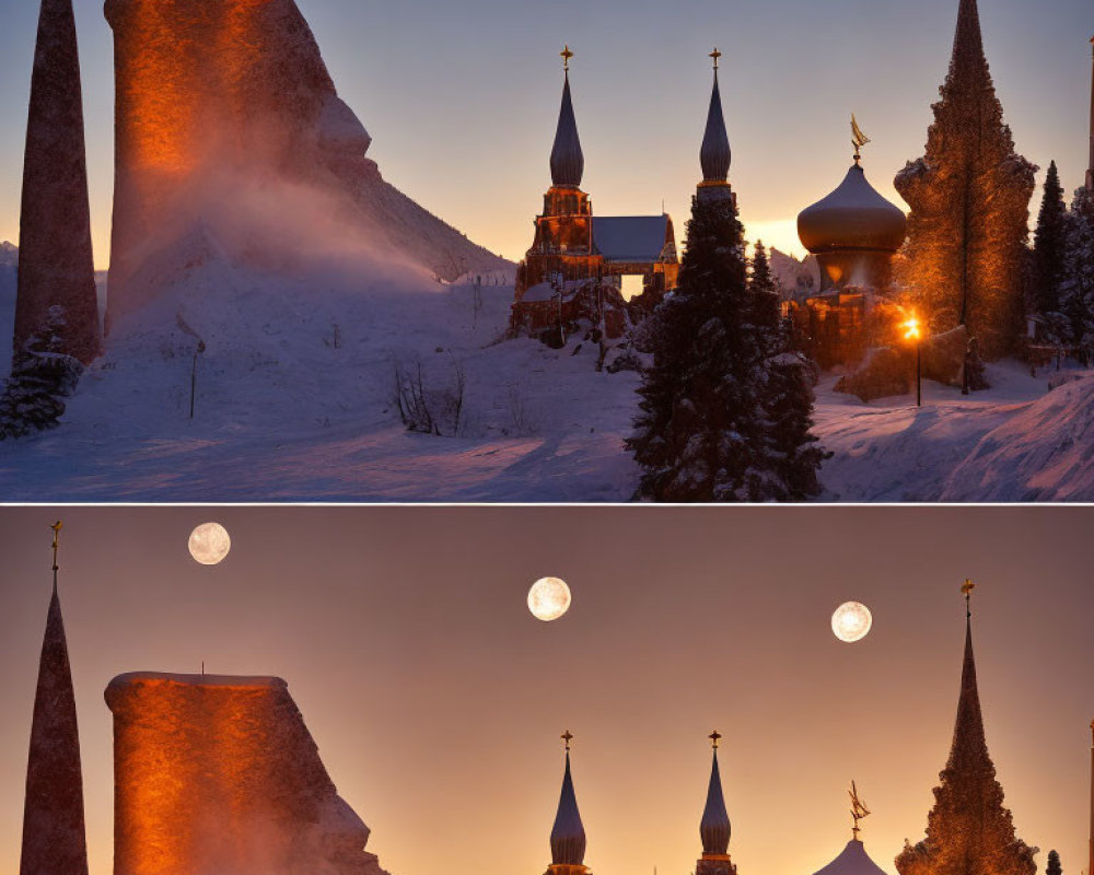 Snowy church spires and bell tower at twilight with rising moon in split images.