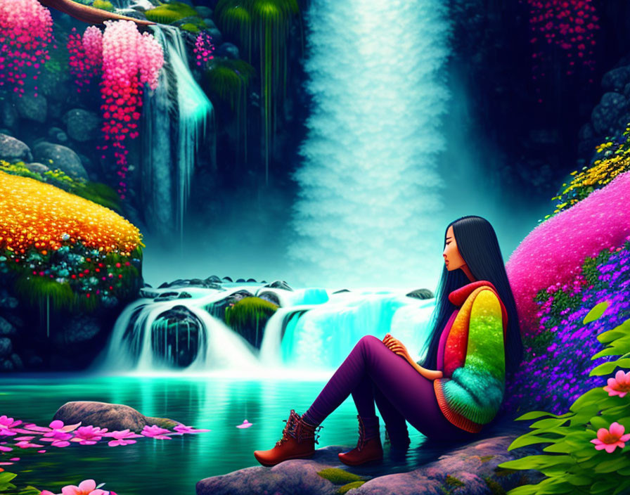 Woman sitting by vibrant waterfall in lush, colorful setting.