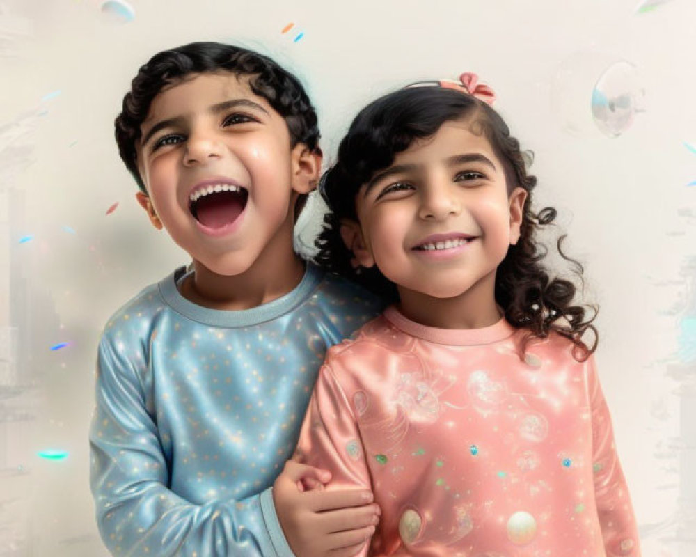 Happy children in pajamas surrounded by confetti, laughing and smiling