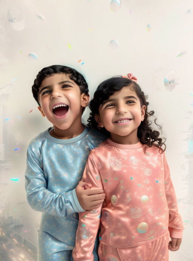 Happy children in pajamas surrounded by confetti, laughing and smiling