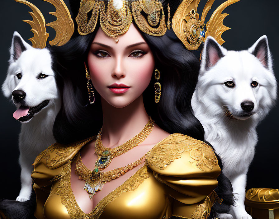 Woman in golden headgear and armor with two Siberian Huskies on dark background