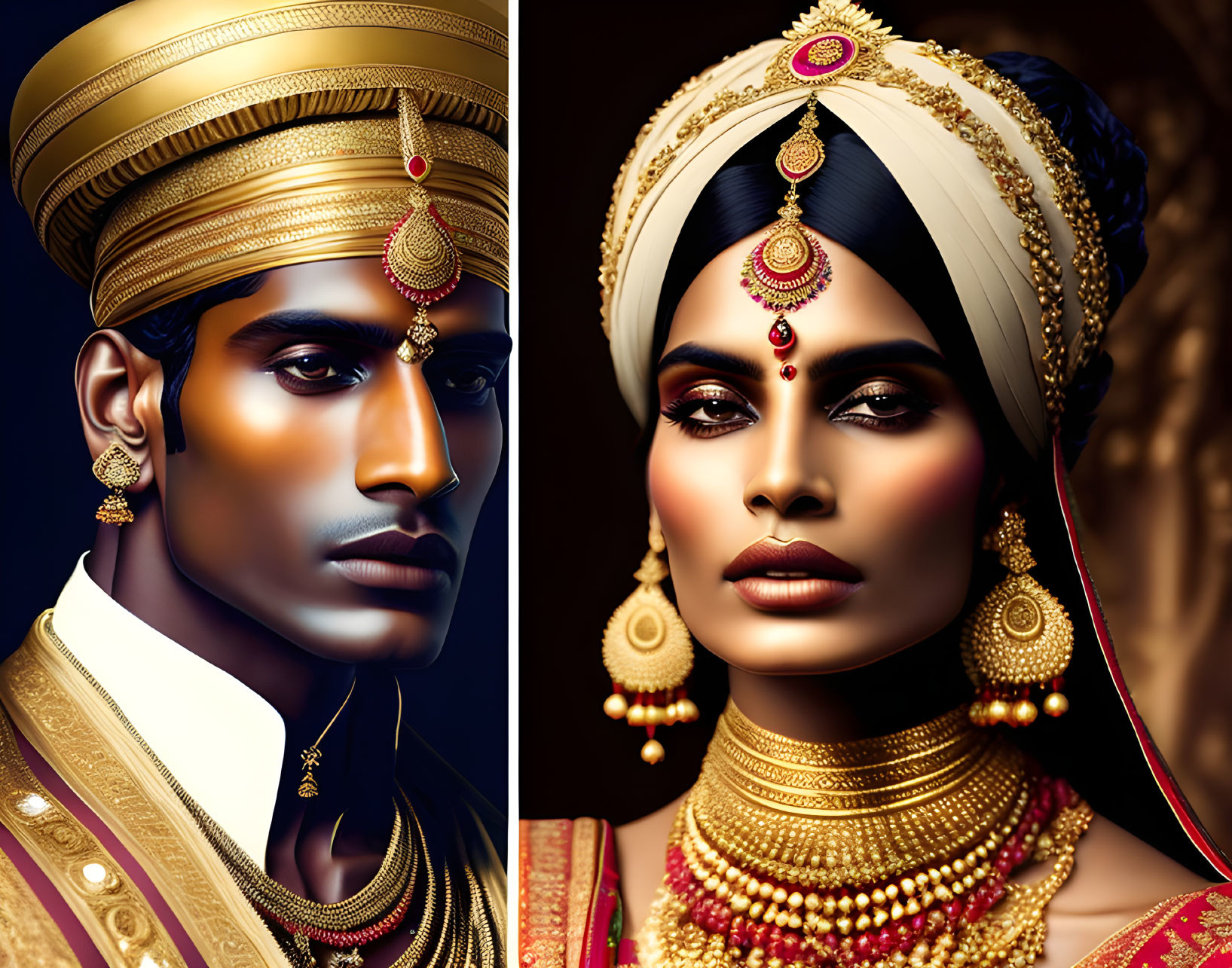 Traditional Indian bride and groom in elaborate attire on dark background