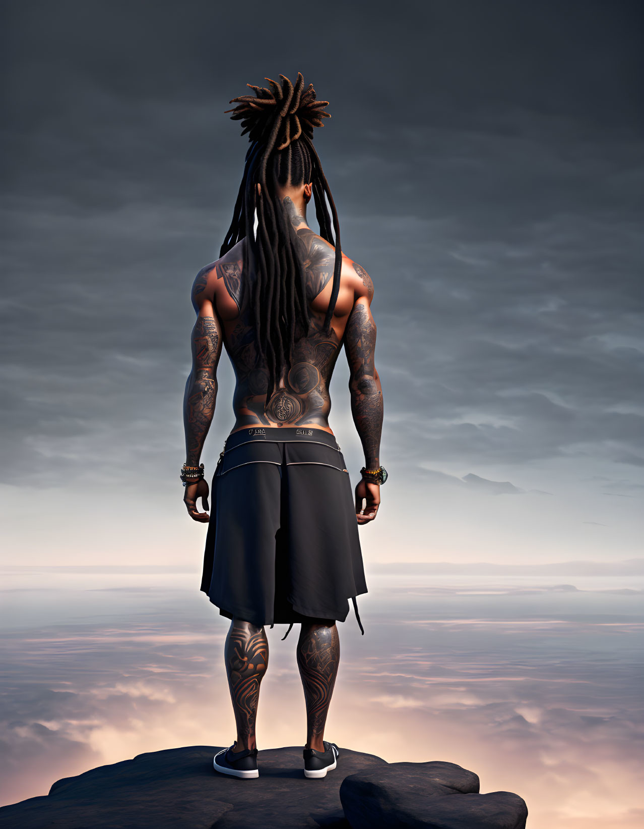 Muscular person with tattoos standing on cliff with dramatic sky