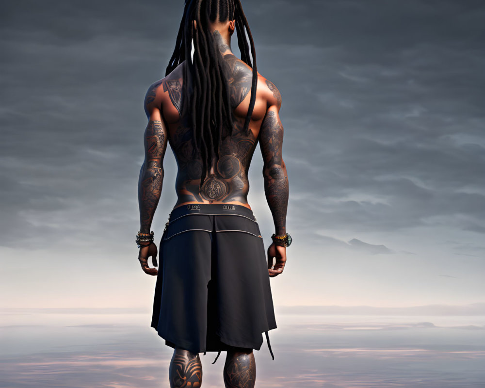 Muscular person with tattoos standing on cliff with dramatic sky