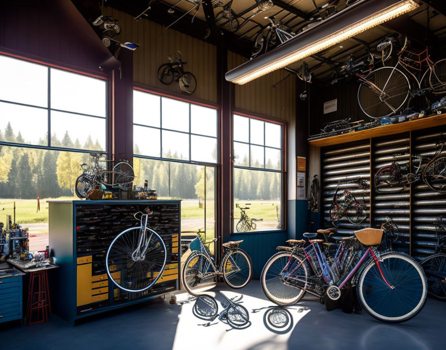 Bicycle shop with bikes on wall, repair tools & stands