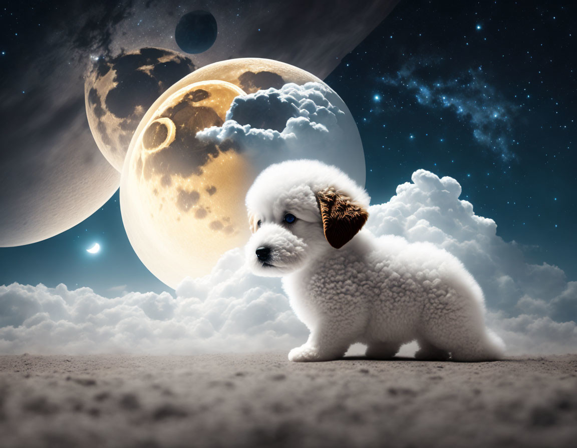 Fluffy White Puppy on Cloud under Starry Sky