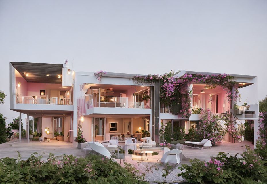 Modern two-story residential building with open balconies and pink flowers.