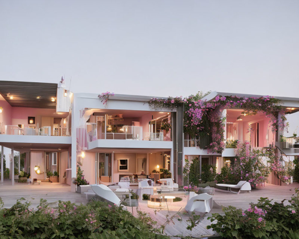 Modern two-story residential building with open balconies and pink flowers.