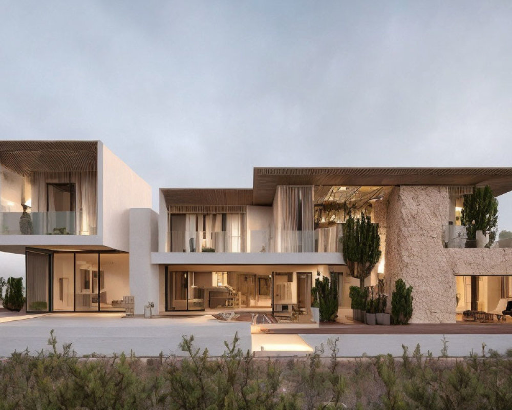 Luxurious Modern Villa with Large Windows, Flat Roofs, and Desert-Like Surroundings