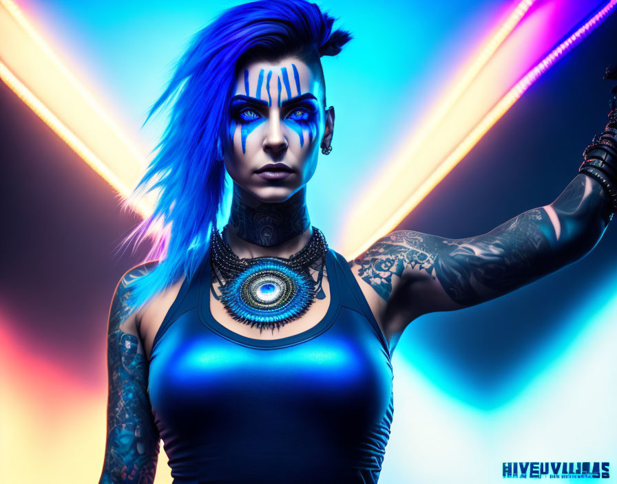 Person with Blue Hair, Tattoos, Piercings in Futuristic Setting