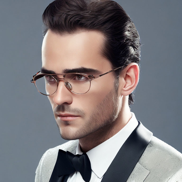 Man in Round Glasses and Bow Tie in Silver Tuxedo Pose on Grey Background