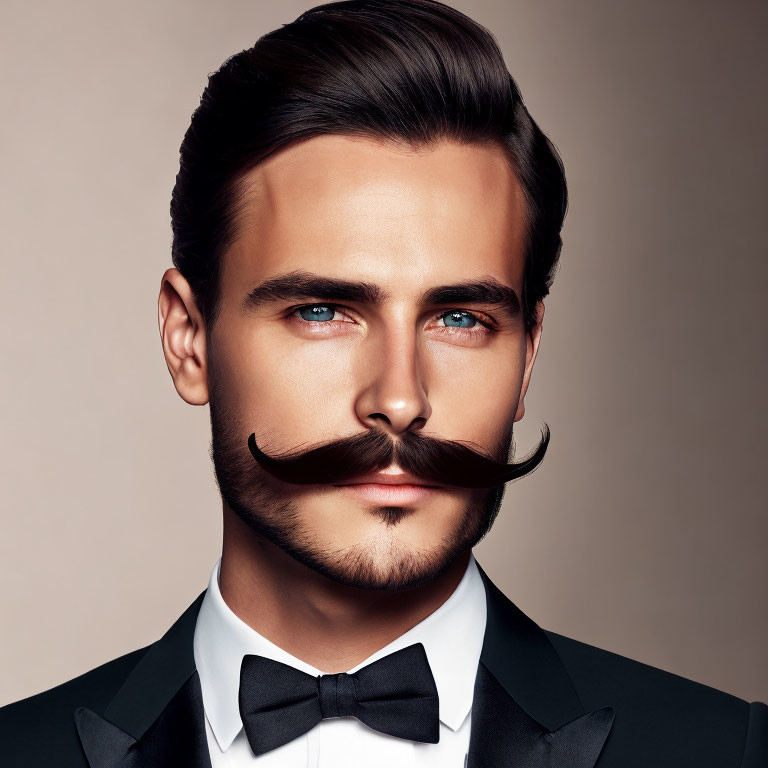 Blue-eyed man with handlebar mustache in tuxedo and bow tie on beige backdrop