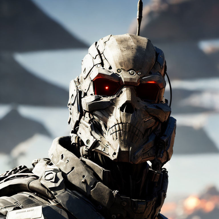 Robotic face with red glowing eyes and metal plating against flags and mountains