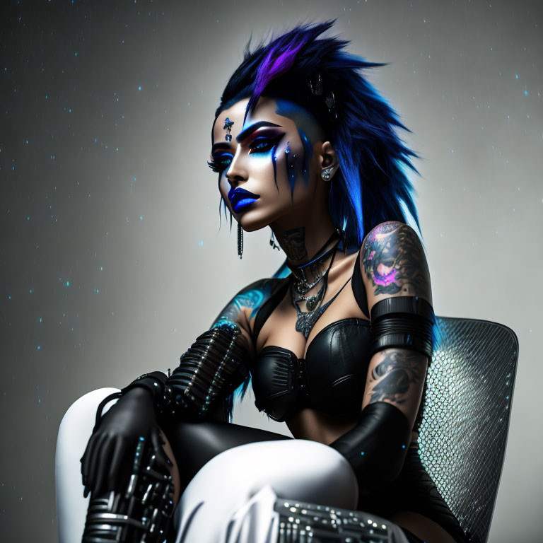 Person with Blue Mohawk and Cyberpunk Aesthetic Sitting on Chair