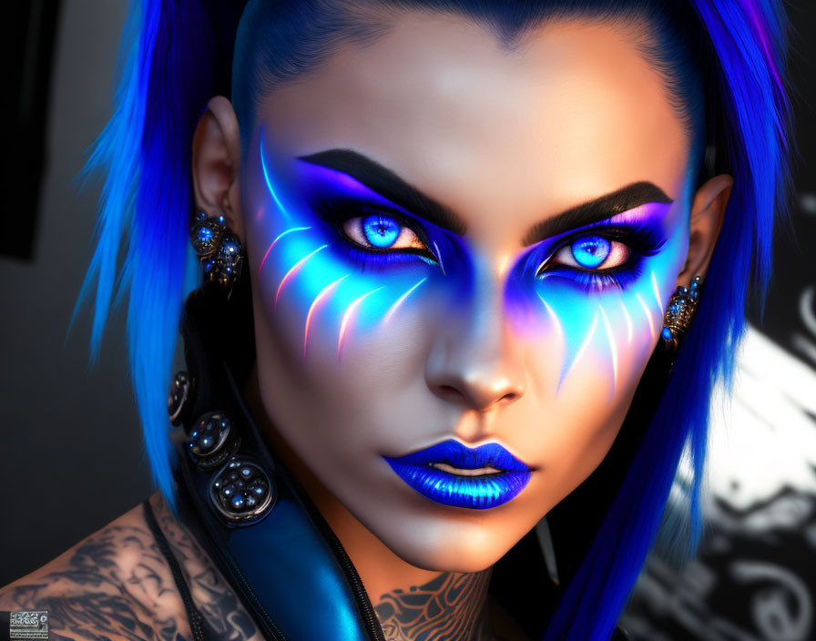 Digital Artwork Featuring Person with Striking Blue Neon Makeup, Eyes, Hair, Silver Earrings,