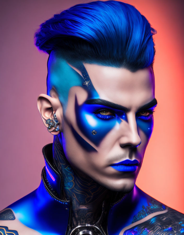 Vibrant blue hair, artistic face makeup, tattoos, and piercings on a pink-orange