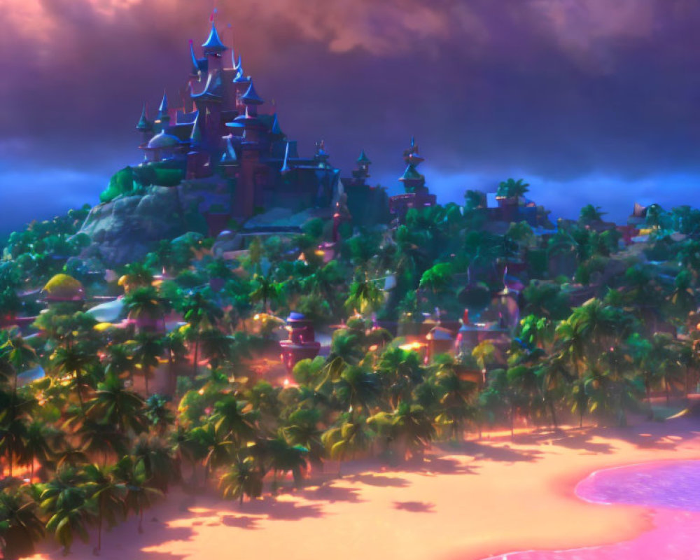 Enchanting castle in lush tropical setting at dusk with palm trees and pink shoreline