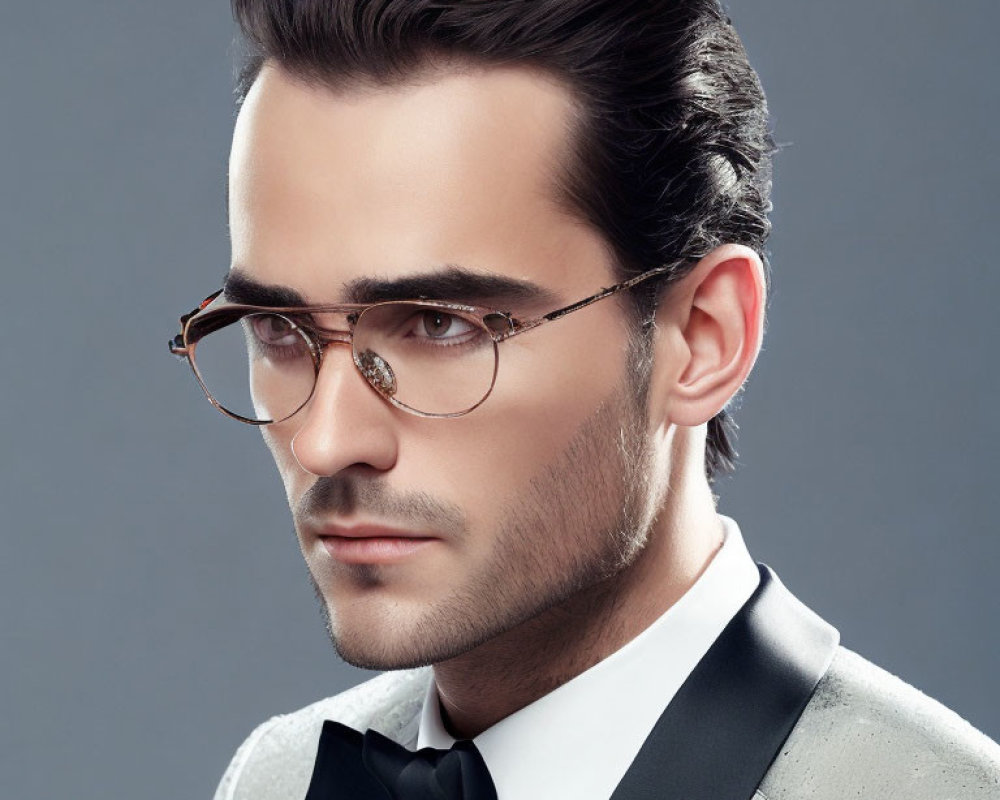 Man in Round Glasses and Bow Tie in Silver Tuxedo Pose on Grey Background