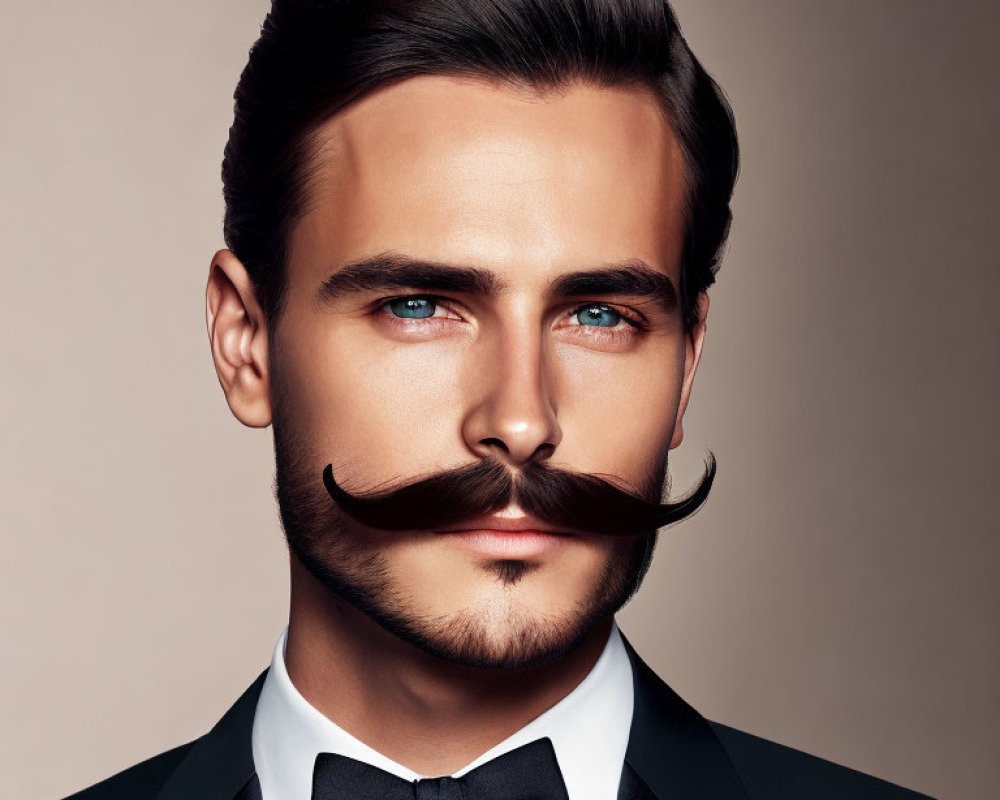 Blue-eyed man with handlebar mustache in tuxedo and bow tie on beige backdrop