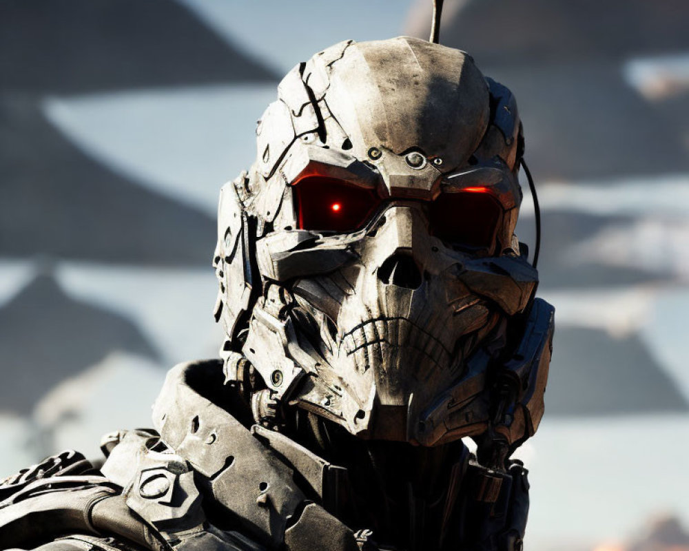 Robotic face with red glowing eyes and metal plating against flags and mountains