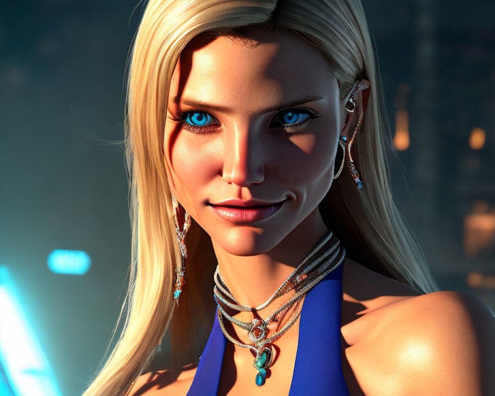 Blonde Woman with Blue Eyes in Blue Top and Earrings