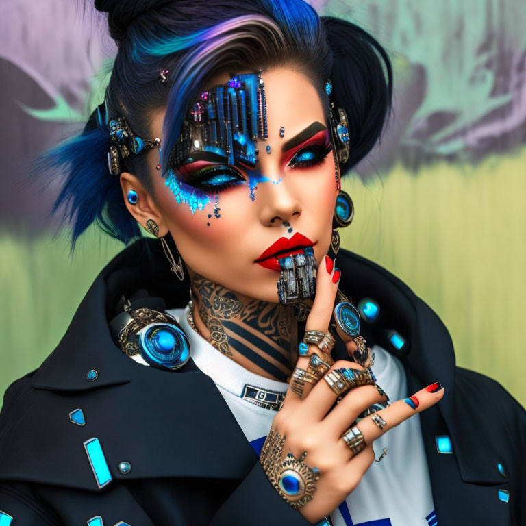 Digitally rendered woman with vibrant blue hair and cyberpunk makeup wearing futuristic jewelry and a black jacket