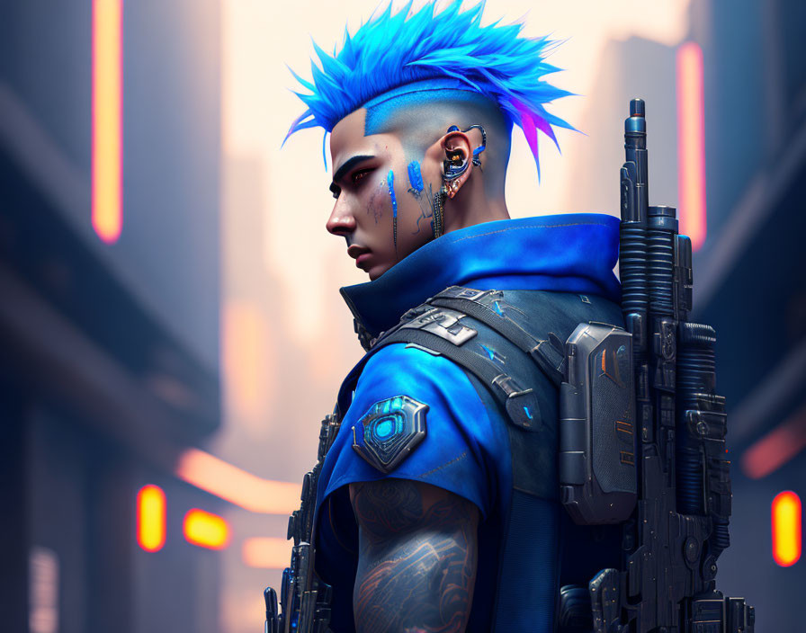 Futuristic cyberpunk character with blue hair and rifle in neon-lit scene