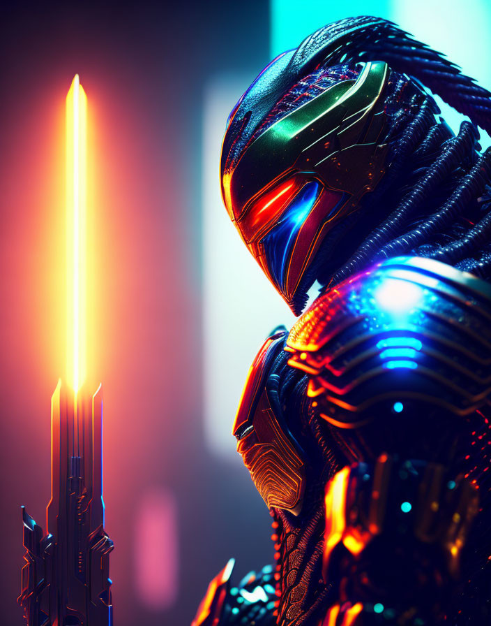 Detailed futuristic warrior in glowing energy sword scene