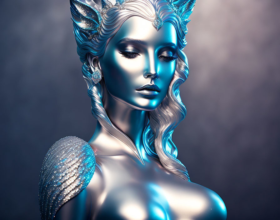 Mythical Female Figure with Silver-Blue Skin and Elfin Features