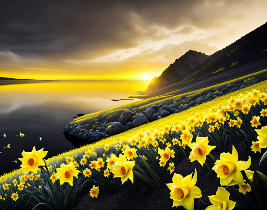 Yellow Daffodils with Sunset, Lake, and Mountains