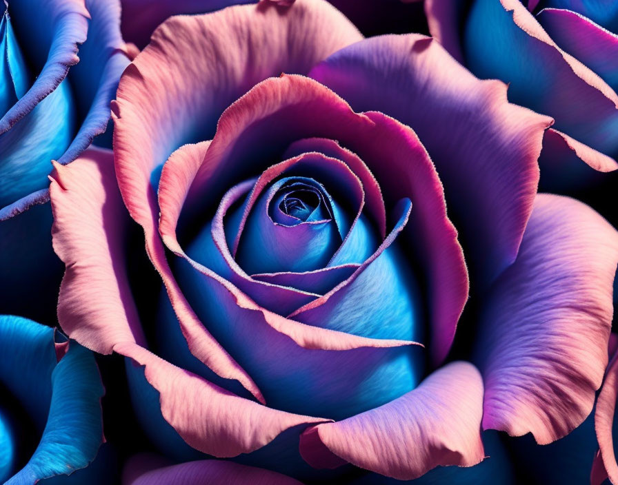 Close-up: Vibrant pink and blue gradient rose petals in surreal colors