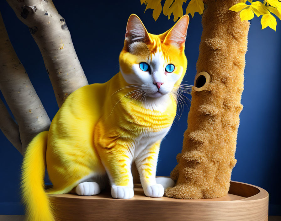 Colorful Illustration of Yellow Cat with Blue Eyes by Tree and Scratching Post