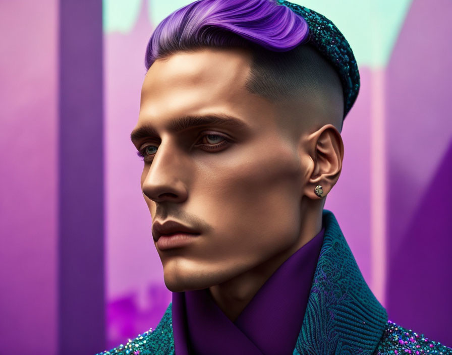 Stylish man with purple hair and contour makeup on geometric background wearing teal jacket