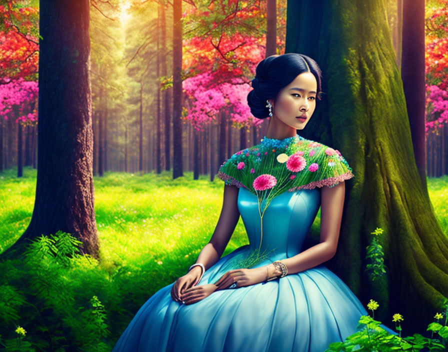 Woman in blue dress sitting by magical forest tree with pink blossoms