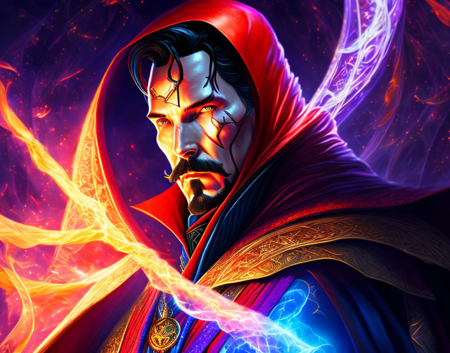 Colorful Illustration of Bearded Man in Red Cloak Casting Magic