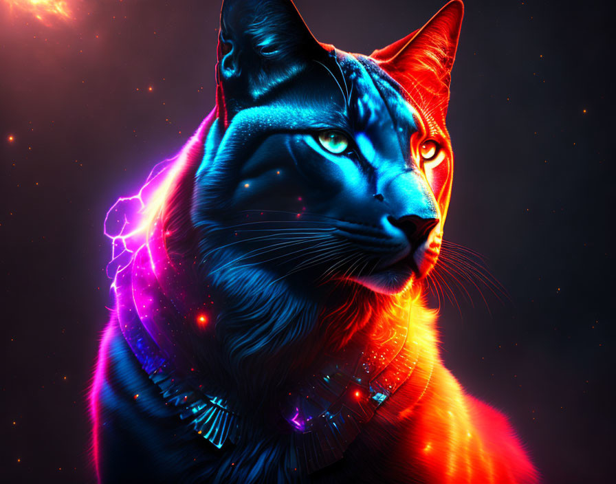 Colorful Neon-Lit Cat Artwork with Futuristic Collar on Starry Background