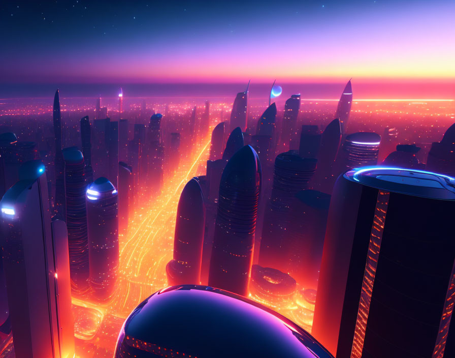 Futuristic cityscape with neon lights and skyscrapers at dusk