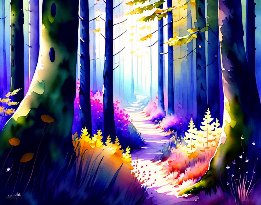 Colorful Watercolor Painting of Whimsical Forest Pathway