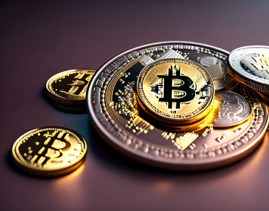 Gold and silver Bitcoin tokens on reflective surface symbolizing cryptocurrency