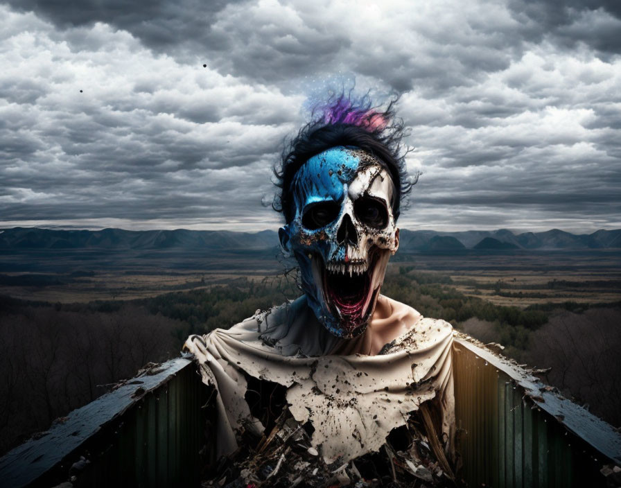 Skull-faced person with colorful hair in torn garment under dramatic cloudy sky