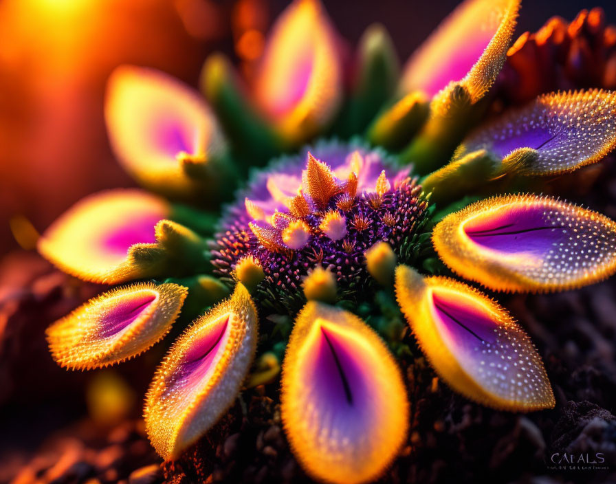 Close-up of purple-tipped flower with dewdrops in golden sunlight