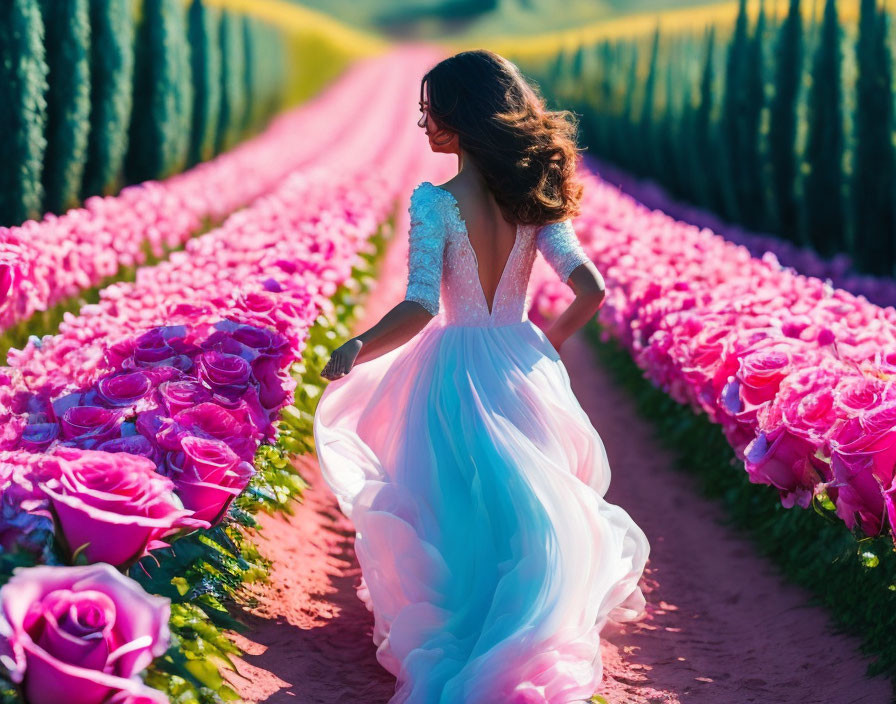 Woman in Pastel Dress Walking Among Pink Roses in Sunlit Garden