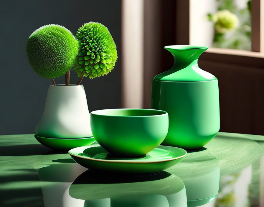 Vibrant Green Ceramic Tableware and Vases with Spherical Topiary on Glossy Table