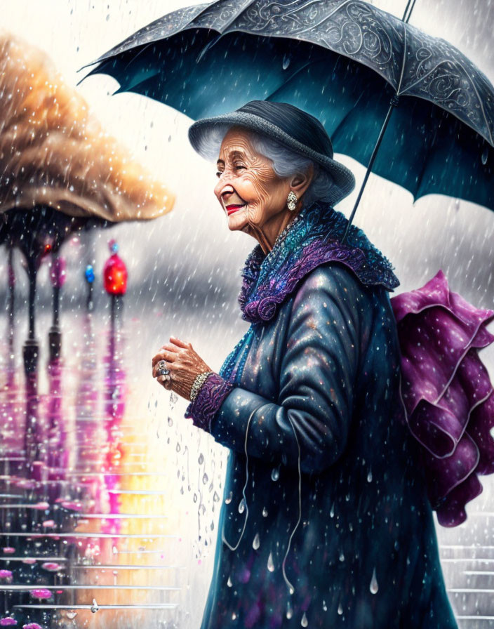 Elderly woman smiling under umbrella in rain with colorful lights on wet pavement