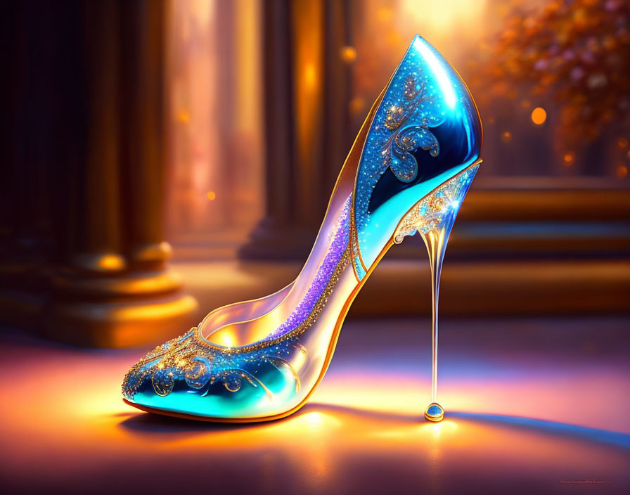 Sparkling Blue High-Heeled Shoe on Ornate Warm Background