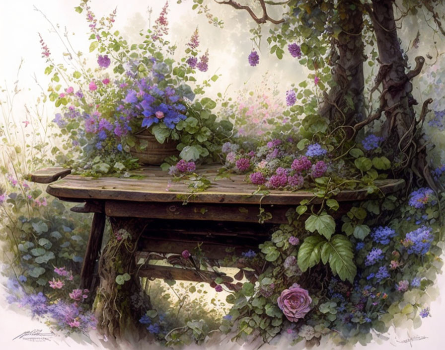 Floral-filled artwork with old wooden bench and purple blossoms