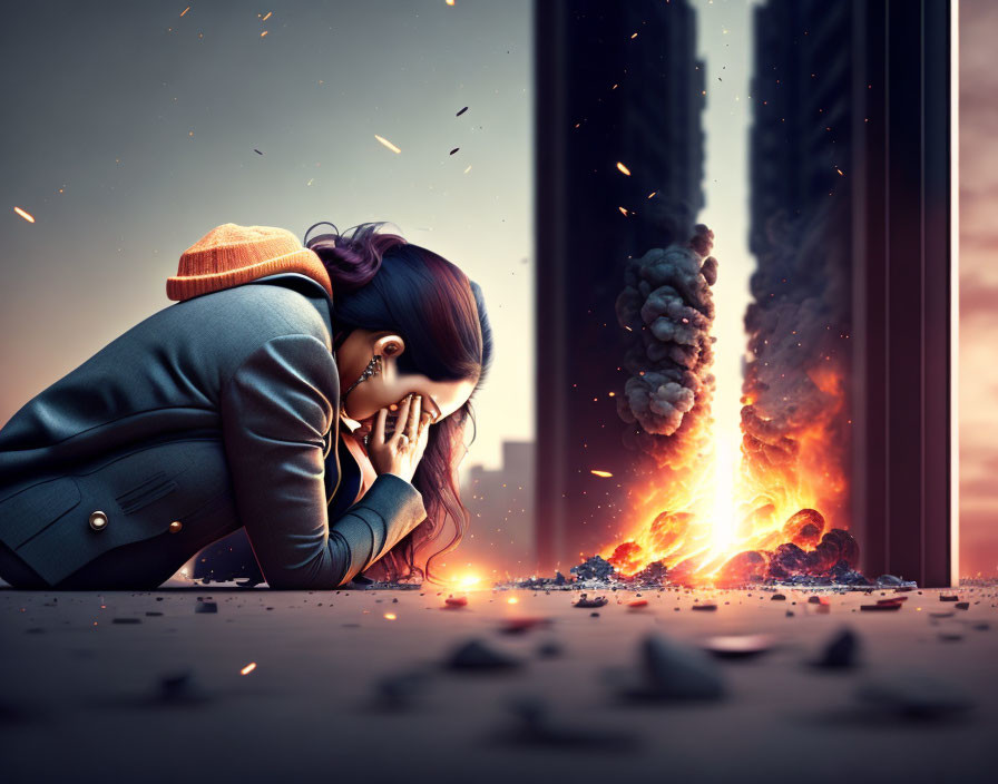 Person crouching by window as fiery explosion erupts in cityscape