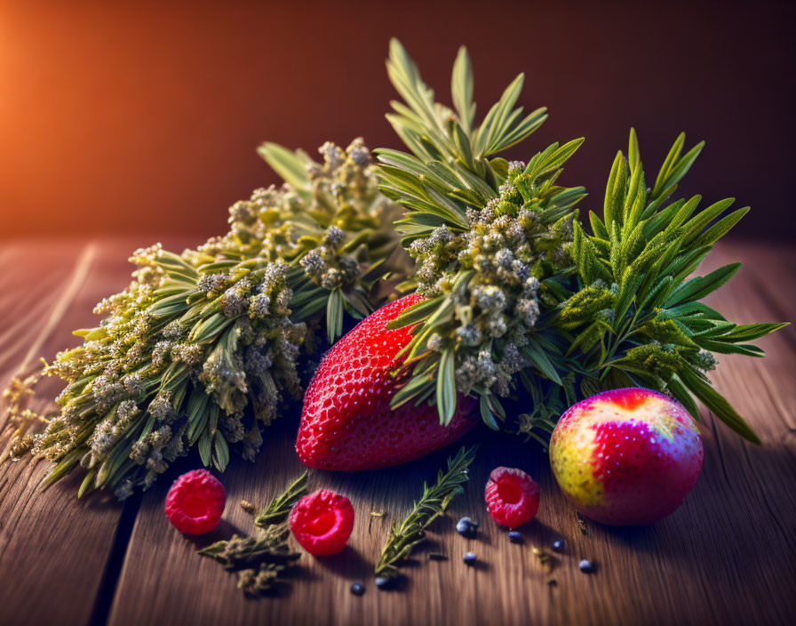 Fresh Herbs, Strawberries, Cherry, and Seeds on Wooden Surface